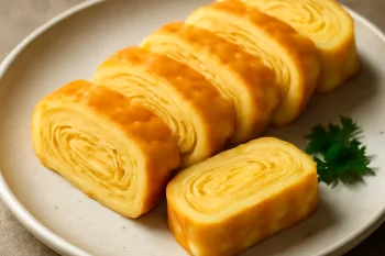 Atsuyaki Tamago szeletek, finoman szeletelve, elegánsan tálalva