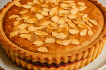 Bakewell tart cseresznyelekvárral, mandulás tésztával, aranybarnára sült pite
