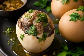 Balut fokhagymás olajjal, kacsa tojás friss petrezselyemmel díszítve