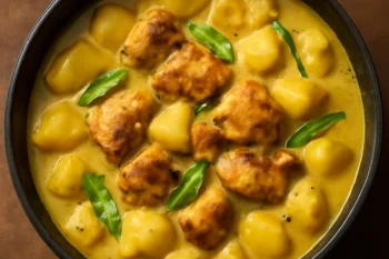 Bicol Express burgonyával, gazdag kókusztejjel és csirkével