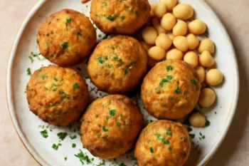 Bolinho de bacalhau csicseriborsóval, ropogós halgolyók tálalva