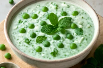 Borsós-mintás raita tálalva, friss mentával és borsóval díszítve