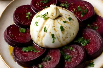 Burrata sült céklával, friss petrezselyemmel, olívaolajjal és balzsamecettel tálalva