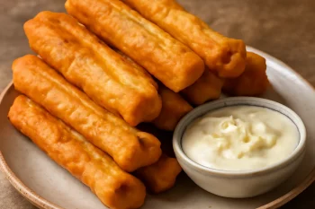 Cakwe fokhagymás szósszal, aranybarnára sült, ropogós falatok fokhagymás szósszal tálalva