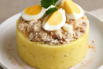 Causa de atún tálalva, tonhal, tojás és majonéz díszítéssel