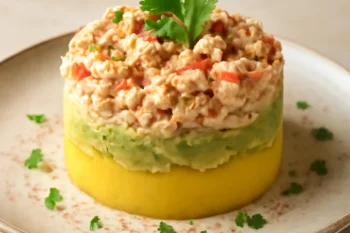 Causa de cangrejo, krémes burgonyával és rákokkal tálalva, friss korianderrel díszítve