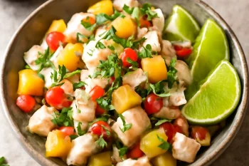 Ceviche con mango, friss hal és mangó keverék lime-mal és korianderrel