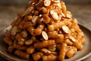 Chak-chak mandulával, mézes sziruppal és aranybarna színű tésztával, díszítve mandulával