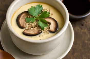 Chawanmushi szójaszósszal, shiitake gombával és korianderrel tálalva