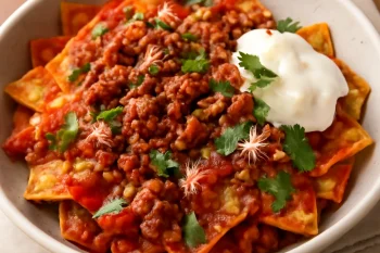 Chilaquiles con longaniza, friss korianderrel, tejföllel és sajttal tálalva