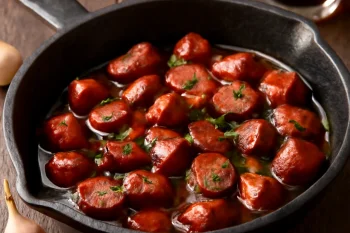 Chistorra con vino Pedro Ximénez spanyol étel, kolbászdarabok és boros szósz a serpenyőben