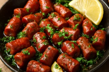 Chistorra frita, spanyol kolbász petrezselyemmel és citromlével