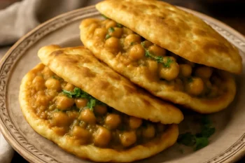 Doubles csicseriborsóval, fűszeres ragúval töltött kenyér lapok