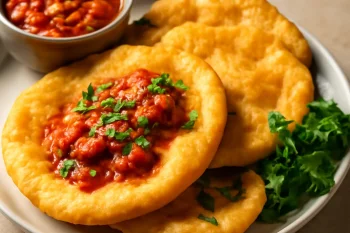 Doubles fokhagymás szósszal, friss korianderrel tálalva