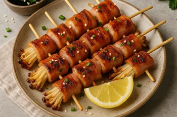 Enoki gomba szalonnába tekerve, nyársra húzva, szezámmaggal megszórva