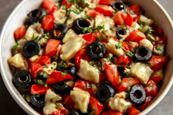 Esqueixada fekete olívabogyóval, tőkehallal, paradicsommal és friss petrezselyemmel tálalva