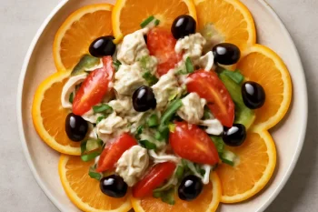 Esqueixada narancsszeletekkel, friss tőkehal, paradicsom és olajbogyó tálalva