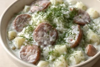 Falukorv savanyú uborkával és tejföllel, friss kaporral