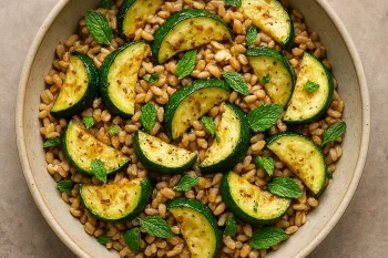 Farro saláta sült cukkínivel és friss mentával tálalva
