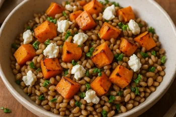 Farro saláta sült édesburgonyával és kecskesajttal, mediterrán stílusban tálalva