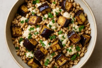 Farro saláta sült padlizsánnal és tahinivel, friss petrezselyemmel megszórva