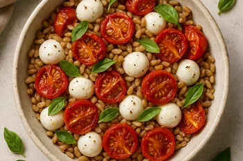 Farro saláta sült paradicsommal és mozzarellával, friss bazsalikommal megszórva