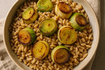 Farro saláta sült póréhagymával és mustáros öntettel tálalva