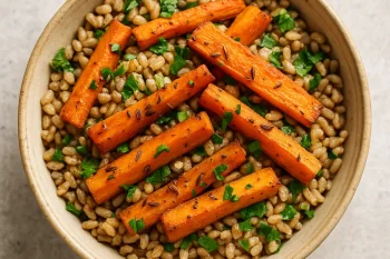 Farro saláta sült répával és köménymaggal, petrezselyemmel megszórva