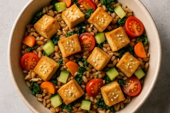 Farro tál sült tofu kockákkal, zöldségekkel és szezámmaggal megszórva