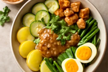 Gado-gado burgonyával és uborkával, friss korianderrel díszítve