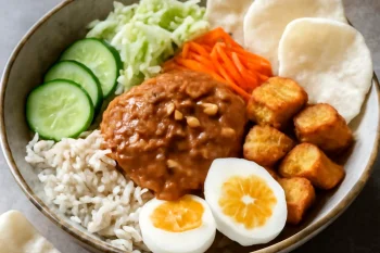 Gado-gado rizskeksszel, friss zöldségekkel, tofuból és földimogyoróval tálalva