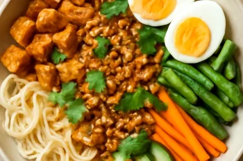 Gado-gado rizstésztával, tofuval és friss zöldségekkel, földimogyoróval és korianderrel