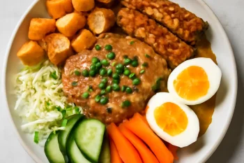 Gado-gado tofuval és tempeh-vel, friss zöldségekkel és mogyorós szósszal