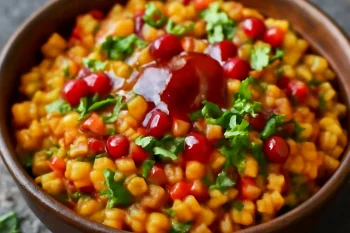 Ghugni chaat sárga borsóval, tálalva friss korianderlevelekkel és tamarind chutney-val