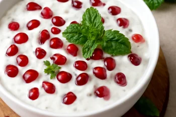 Gránátalmás raita, joghurt és friss gránátalma magokkal díszítve