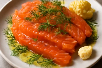 Gravlaks mézzel, friss kaporral díszítve