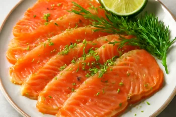 Gravlax lime héjjal tálalva, friss kaporral díszítve