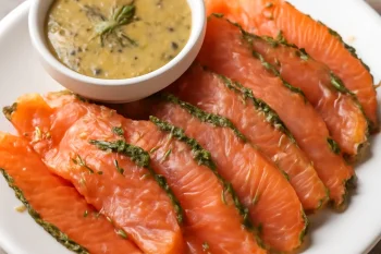 Gravlax mustáros kapormártással, friss lazacfilé