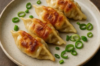Ropogósra sült csirkehúsos gyoza batyuk tálalva tányéron