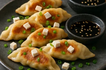 Tofuval töltött ropogós gyoza batyuk szezámmaggal és szójaszósszal tálalva