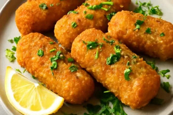 Hagyományos korokke tálalva, friss petrezselyemmel és citrommal