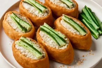 Inarizushi uborkával tálalva, szezámmaggal megszórva