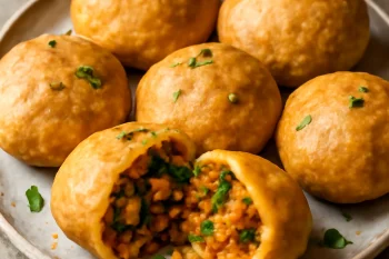 Kachori zöldséges töltelékkel aranybarna, ropogós külsővel tálalva