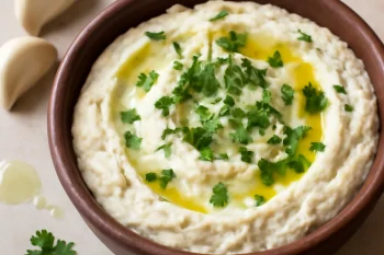 Kajmak fokhagymával tálalva, friss petrezselyemmel díszítve