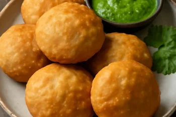 Khasta kachori tálalva zöld chutney-val, ropogós, aranybarna színben