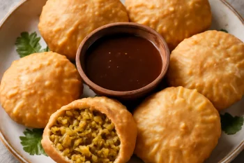 Khasta kachori édes tamarind szósszal, friss és fűszeres