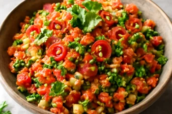 Kısır csípős paprikával tálalva, friss zöldségekkel és petrezselyemmel