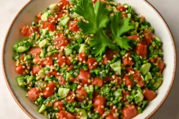 Kısır saláta friss petrezselyemmel és gránátalma sziruppal tálalva