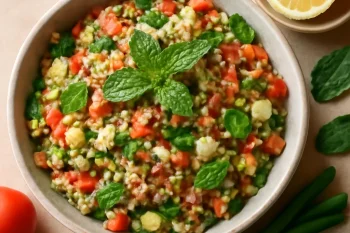 Kısır mentával, tálalva friss zöldségekkel és citromlével