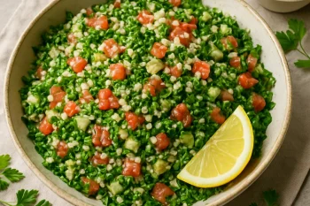 Tabbouleh saláta apróra vágott petrezselyemmel, paradicsommal, bulgurral és citrommal tálalva